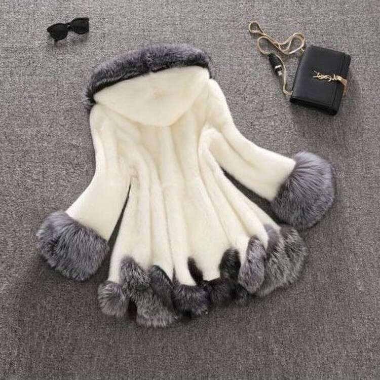 New 2023 Faux Women's Mid-Length With Hood Fox Synthetic Mink Fur Coat
