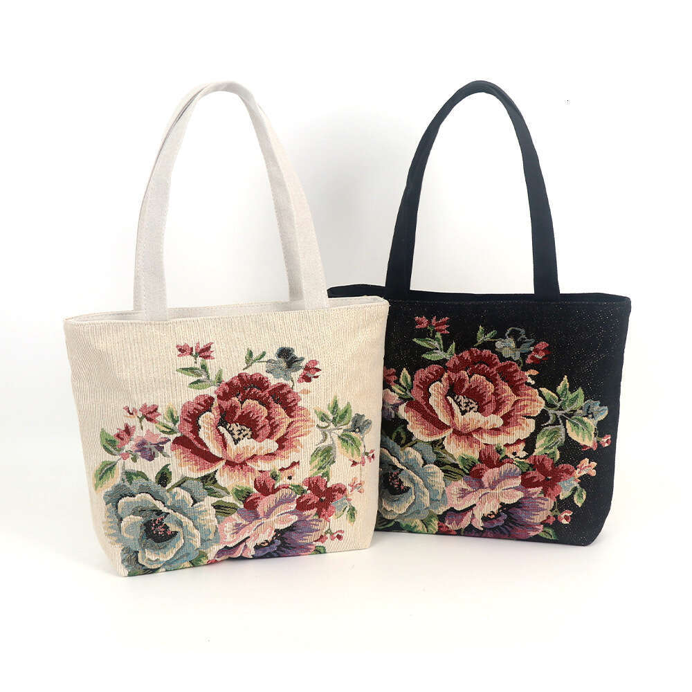 Small And Medium Canvas Double-Sided Gold Thread Jacquard Embroidery Handbag Fresh Versatile Shoulder Bag Artistic Casual