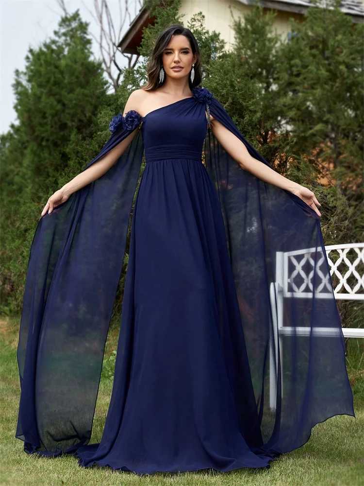 Luxury Chiffon Streamer Navy Evening Dress Long Elegant Dress Bridesmaid Party Prom Arabian Flower Cocktail Graduation Gowns XJ250610
