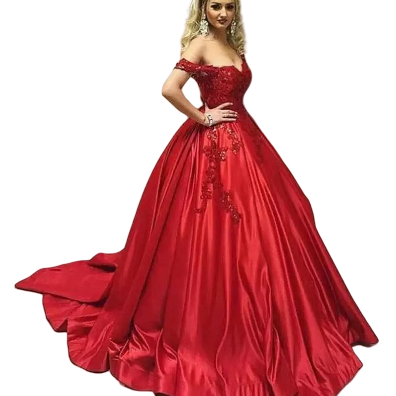Elegant Arabic Red Satin Ball Gown Prom Dresses Off Shoulder Lace Appliques Long Reception Gown Formal Evening Dress For Women 2025