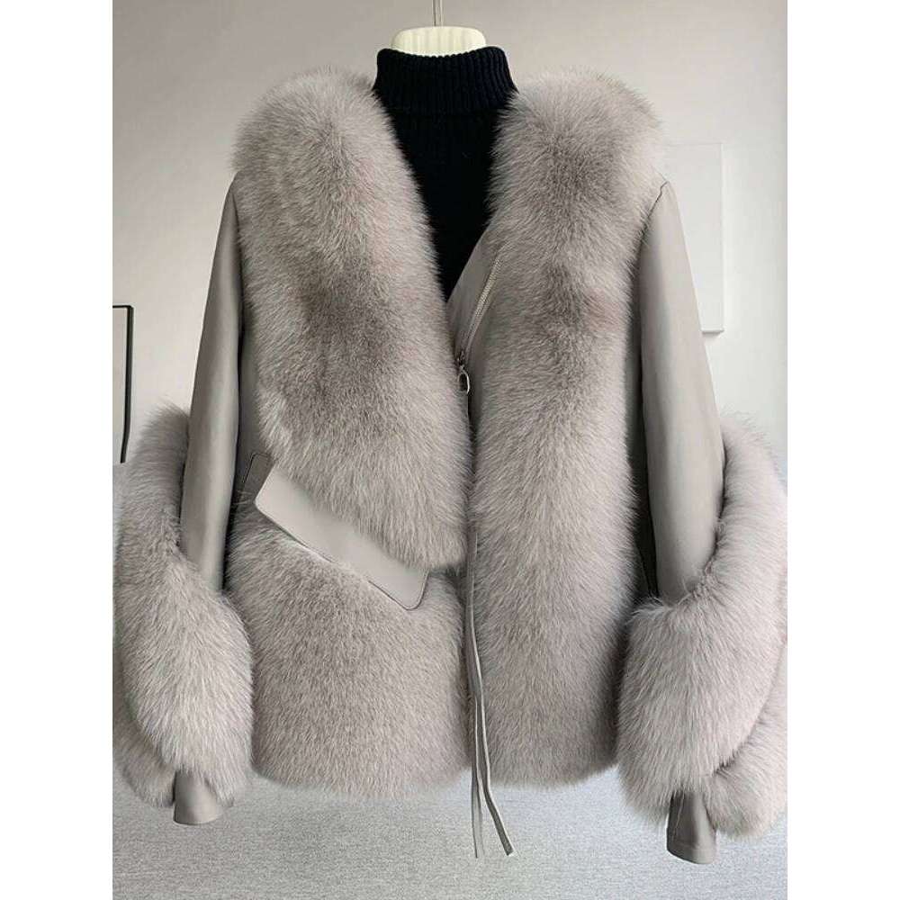 CXFS 2022 Real Coat Winter Jacket Women Natural Fox Fur Genuine Leather Outerwear Streetwear Locomotive Thick Warm New