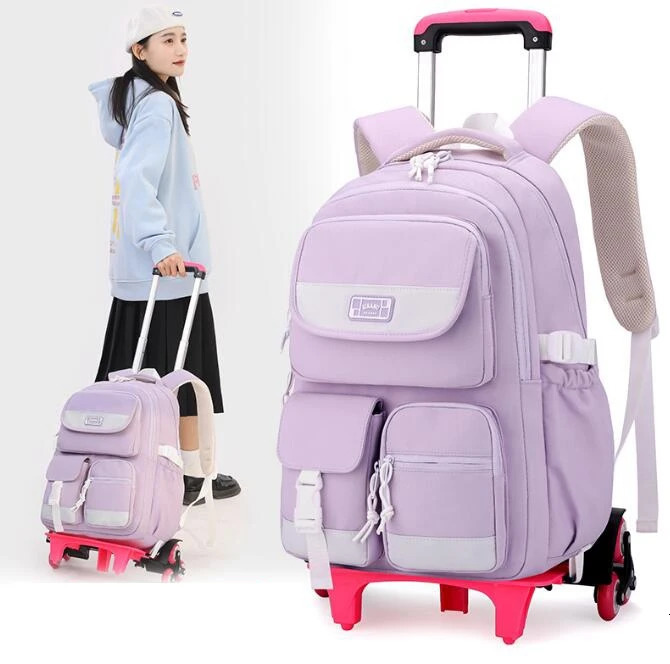 School Rolling Backpack for girls Wheeled backpack Primary Trolley Bags Middle schoolbag with wheels 250605