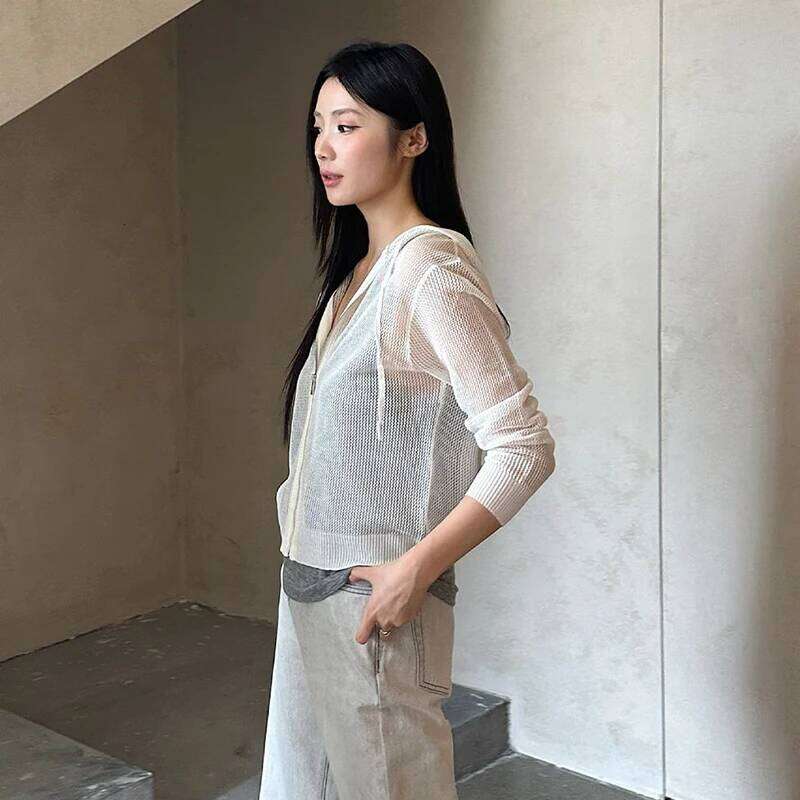 DEAT Fashion White Thin Hooded Knitted Sunscreen Cardigan Women's Loose Zipper Long Sleeves Hollow Out Jackets Summer New 7Ab945