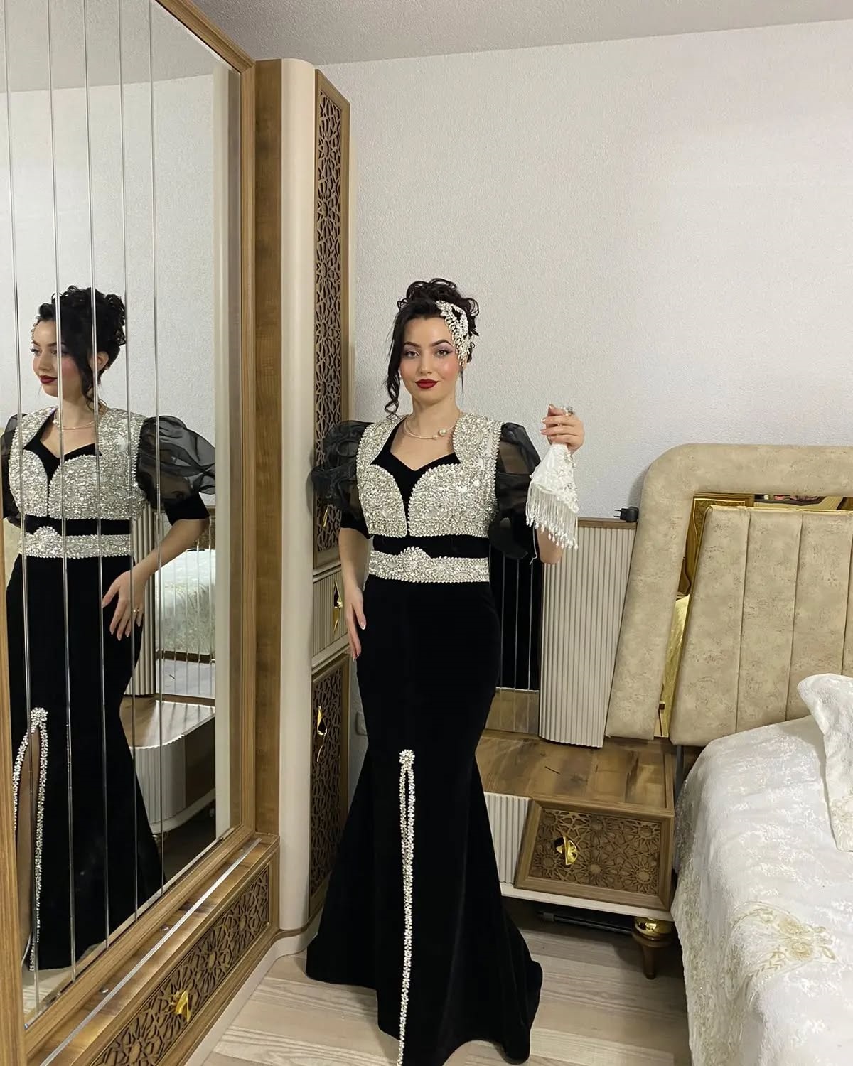 Luxury Black Crystal Caftan Prom Dress With Slit Traditional Mermaid Moroccan Evening Dress Turkish Formal Occasion Birthday Takchita Aesthetic Vestio