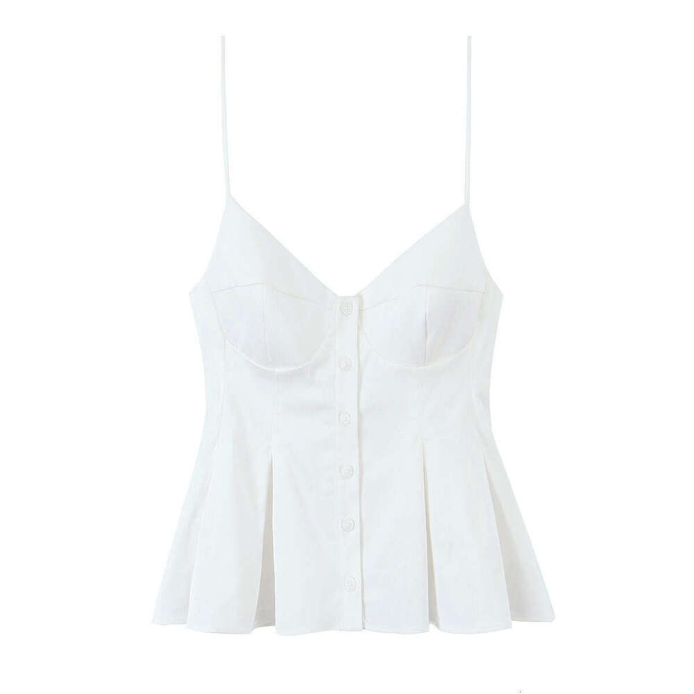 6013- New Women's Fashion V-Neck Buttoned Solid Color Pleated Camisole Top For Women B5