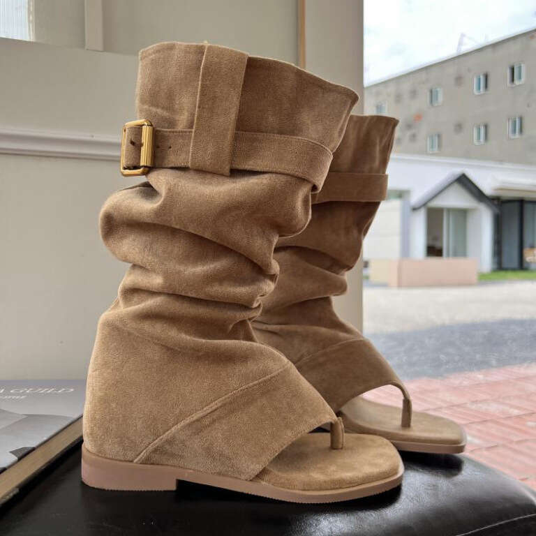 Yanshun~ Instant Hair Square Toe Clip for Women Summer New Style Hot Girl Western Cowboy Flat Stacked Boots Sandals