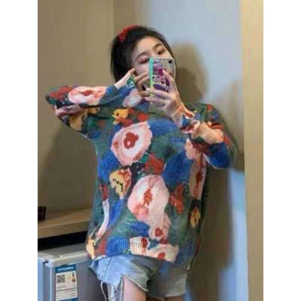 Lazy Style Sweaters Long Sleeve Contrast Color Jacquard Fashion Vintage All Match Pullovers Loose Aesthetics Women Clothing 2024