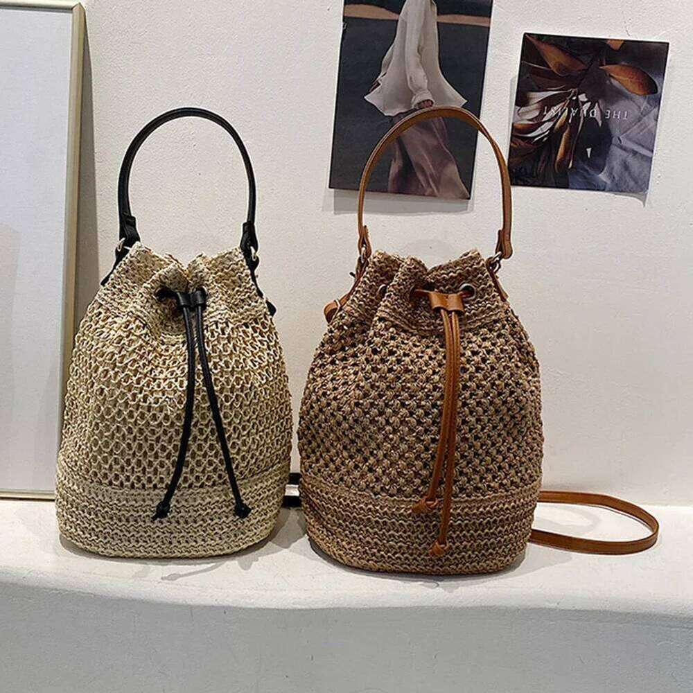 Summer Women Handbags Drawstring Straw Beach Crossbody Bags Adjustable Strap Casual Simple Portable Elegant For Weekend Vacation