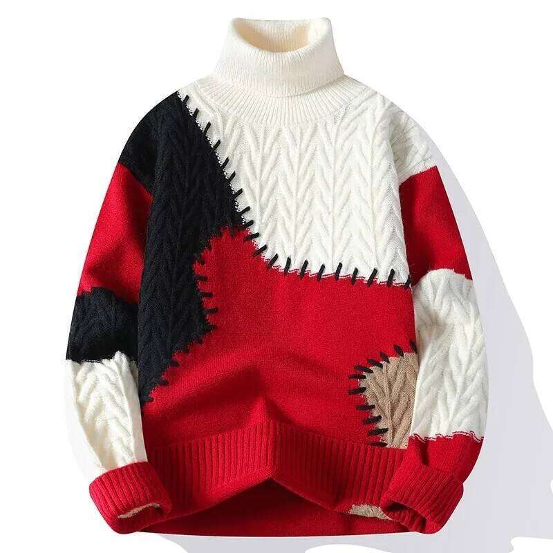 Autumn Winter Men's Fashion Patchwork Turtleneck Sweater Loose Casual Knitted Pullovers Men Youthful Vitality Knit Sweaters