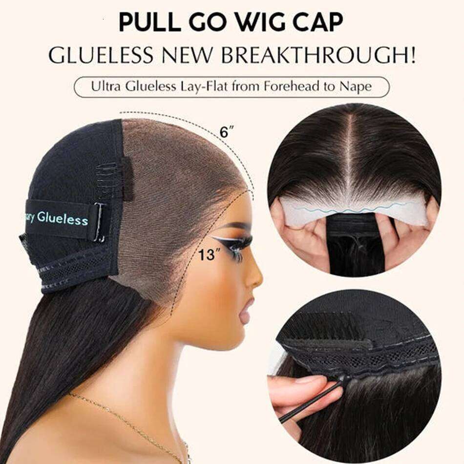 Ossilee 220 Density Pull Go Glueless with Elastic Drawstring Straight 13x6 HD Front Human Hair Wigs Pre Cut Lace Wig