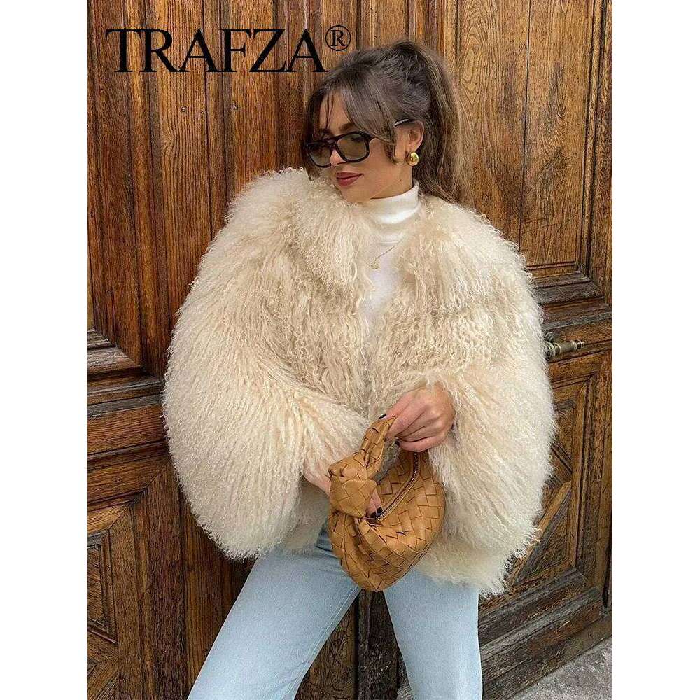 TRAFZA Winter Female Trendy Elegant Fur Coats Casual Solid Long Sleeves Turn Down Collar 3 Colors Autumn Warm Chic Jackets