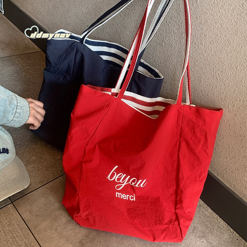 Live Exclusive Striped Double-Sided Shoulder 2025 New Simple Student Class Commuting Canvas Tote Bag ddmynov ddmynov