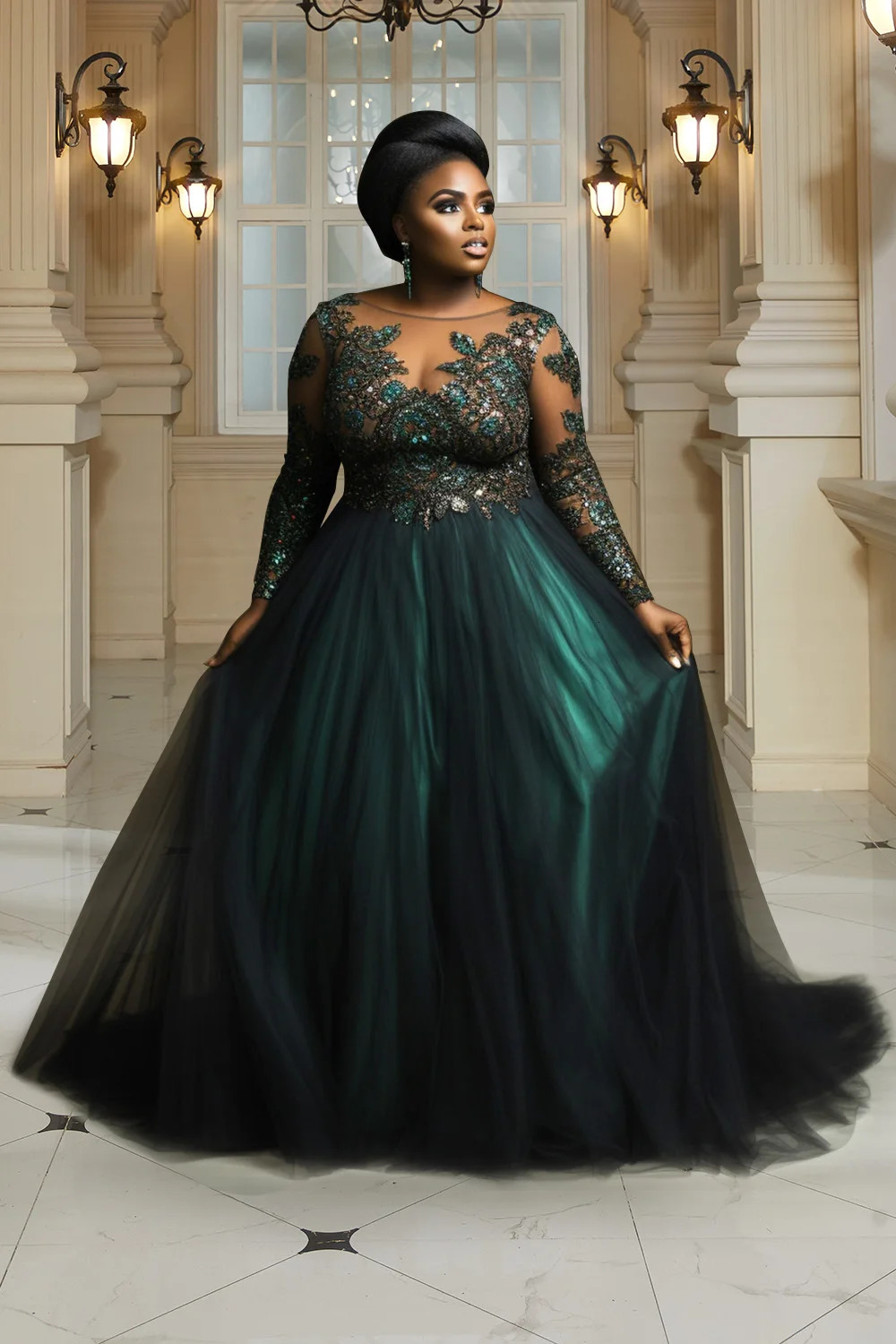 Plus Size Evening Gowns Green Long Sleeve Tulle Maxi Dresses 250610