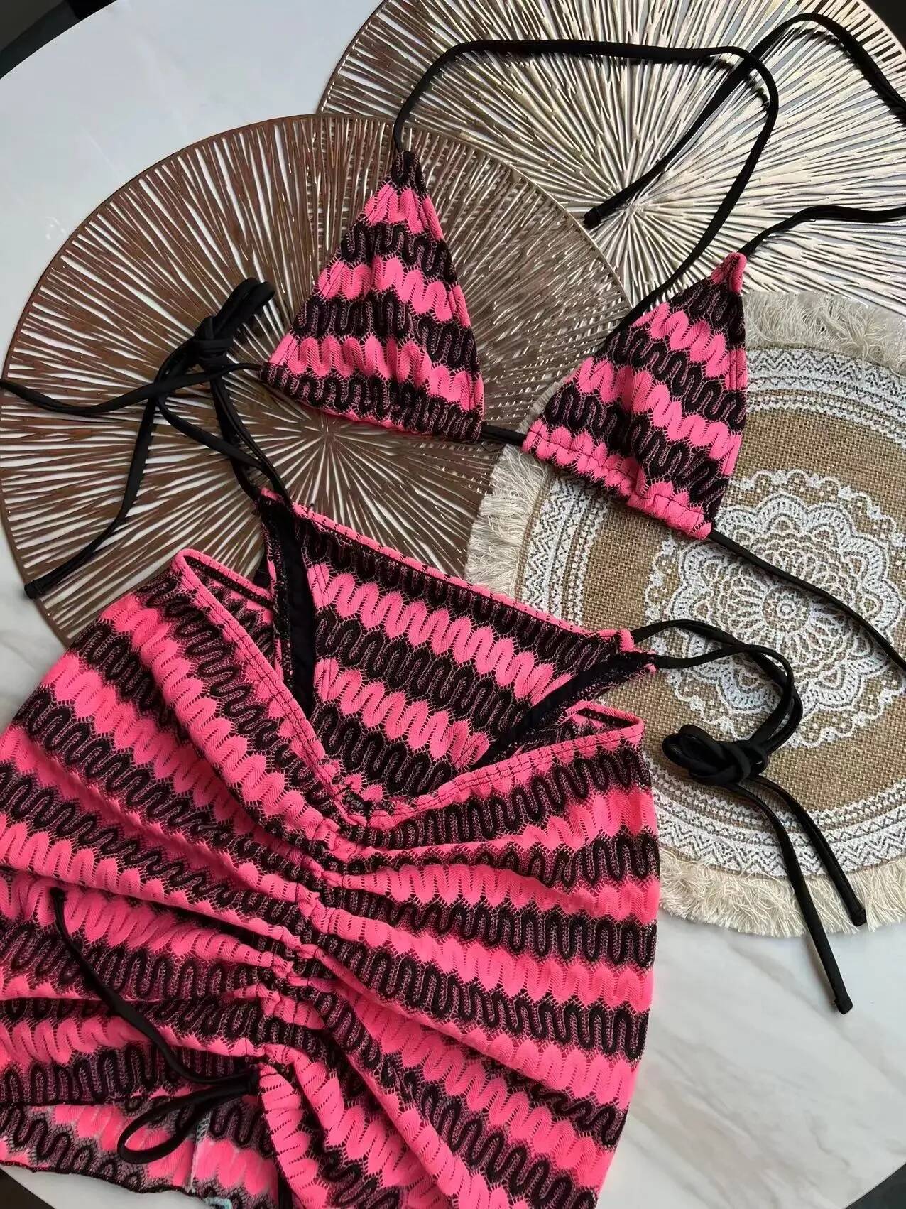 Designer 2023 Women Sexy knitting three piece swimwear Bikini Set Skirt Cover Up Swimsuit Beachwear Biquini