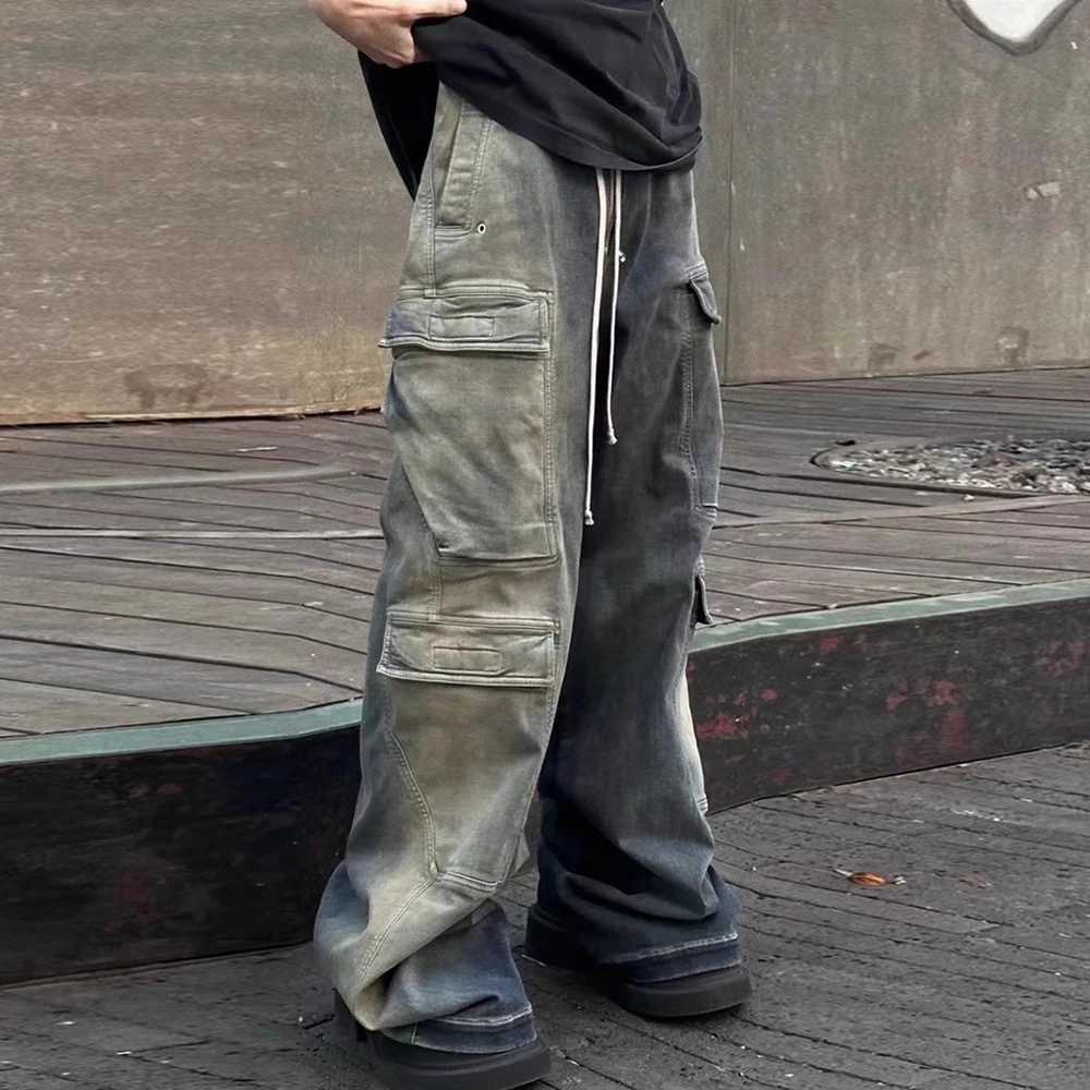RO Style Gradient Ribbons Multi-pockets Drawstring Jeans for Men Harajuku Streetwear Baggy Y2K Denim Trousers Oversized Cargos M250610