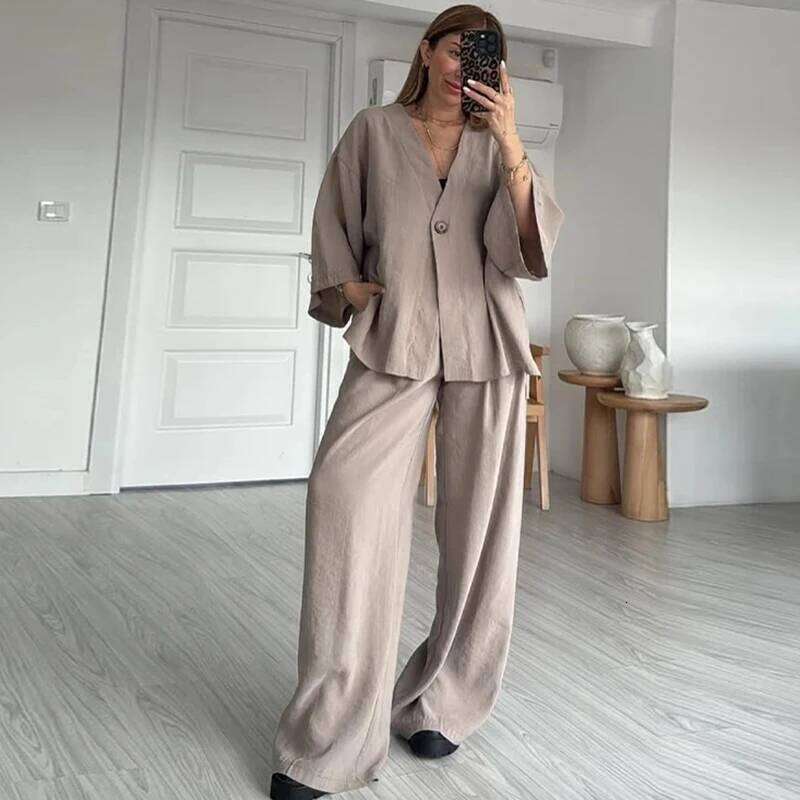 Casual Cotton Linen Pants Sets Women Loose V Neck One Button Shirt High Waist Wide Leg Pant Spring Summer Lady Suit