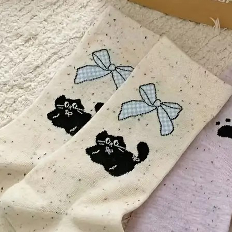 Women's Mid-Calf Socks - Adorable Cat & Bowknot Design, Soft Pastel Color Palette, Fun Cartoon Patterns, Suitable for Casual & Formal Wear, Soft 