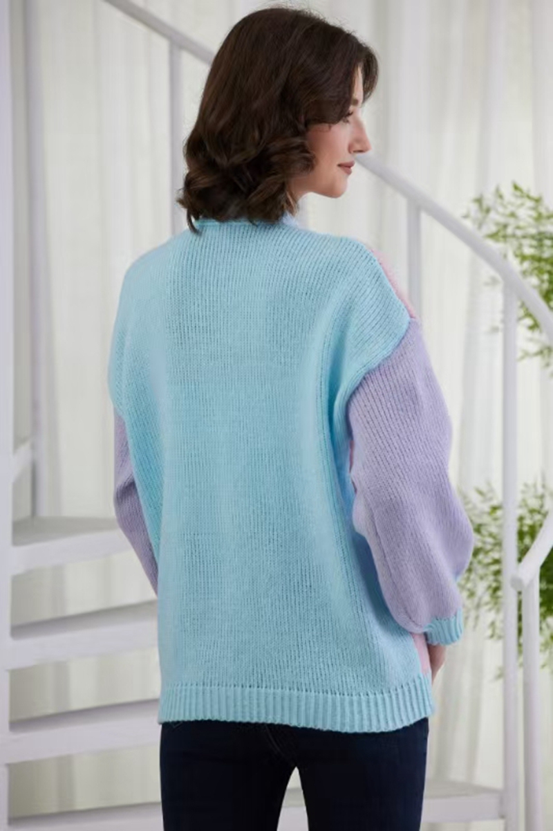 Fashion sweater cardigan autumn new female V-neck contrast stitching loose coat knitted sweater