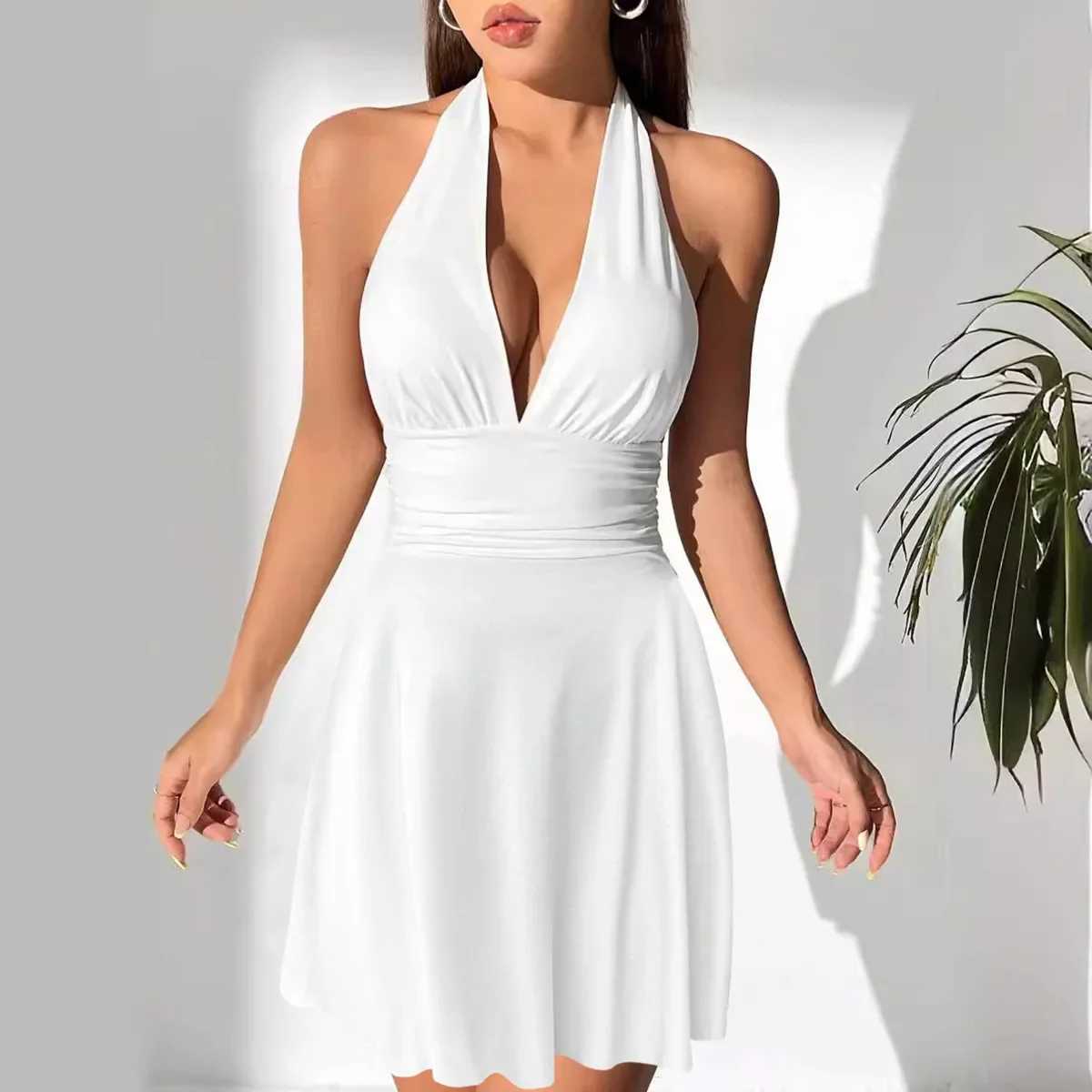 Strap Womens V-neck DressSummer Sexy Backless Pleated Women Party Dresses Mini Plus Size 3XL 2XL XL Backless Lace Up V-neckXJ250610