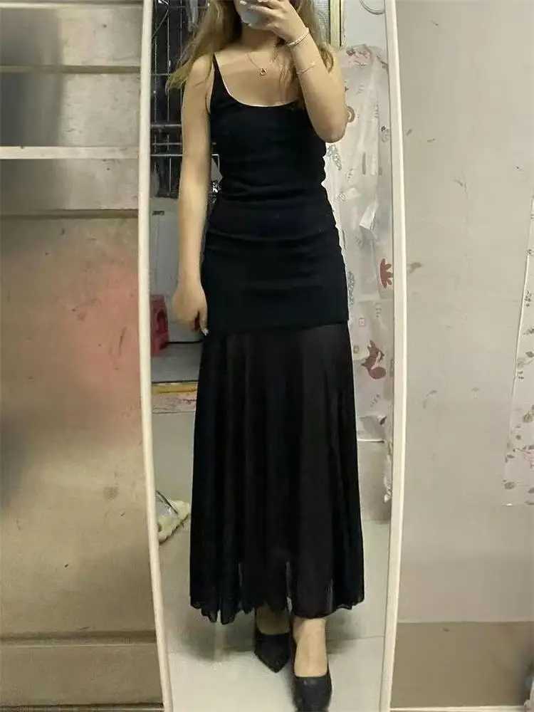 Elegant Mesh Patchwork Sleeveless Women Maxi Dress Bodycon Party Club Evening Dress Sexy See Through Vestido Clothing XJ250610