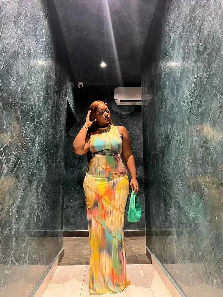 Weird Puss Colorful Print Dress Women Summer Trend Sleeveless Patchwork Skinny Elastic Bodycon Birthday Party Clubwear Dresses XJ250610