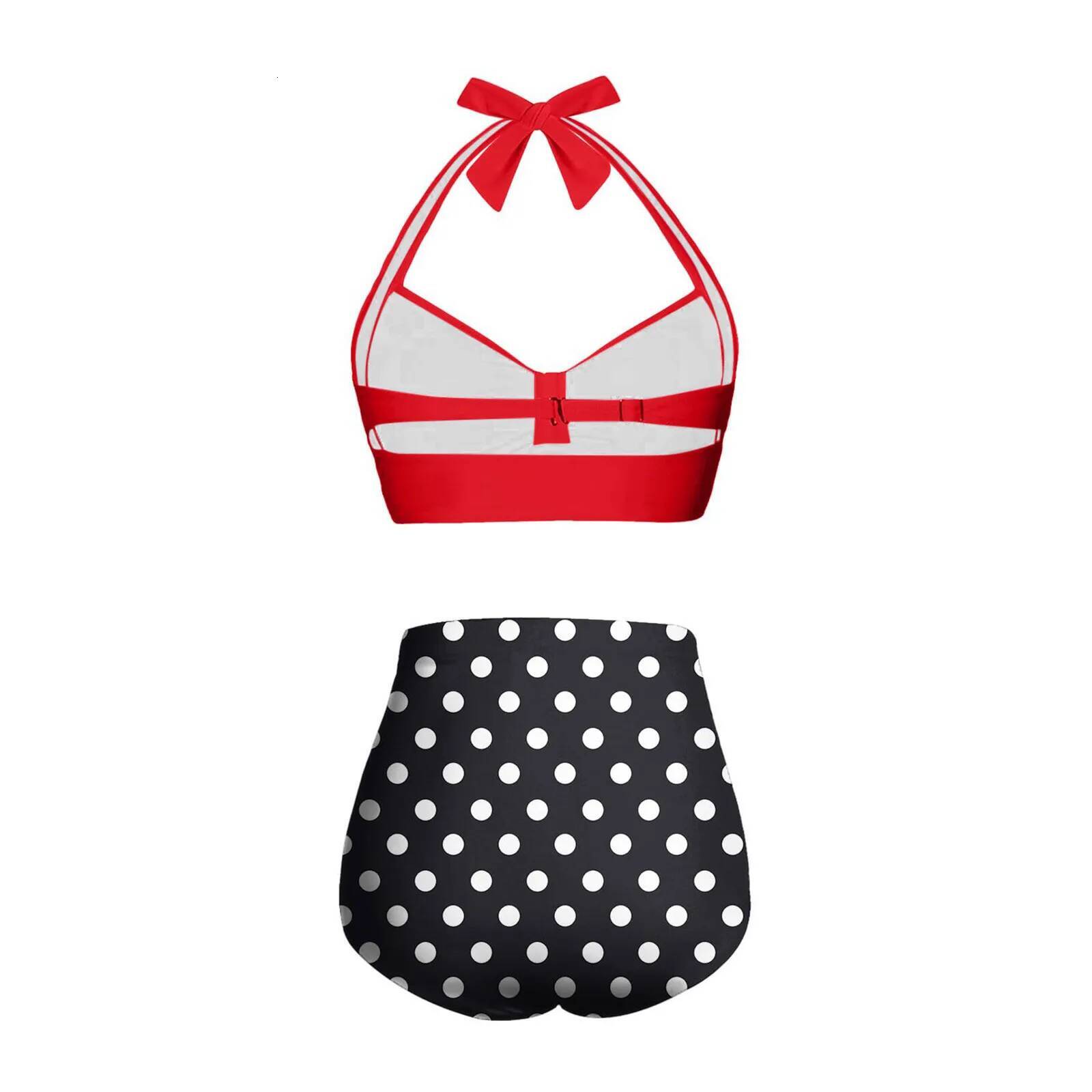 Halter Women High Waisted Swimsuit Polka Dot Sexy Push Up Two Piece Swimwear Retro Ruched Print Bikini Set
