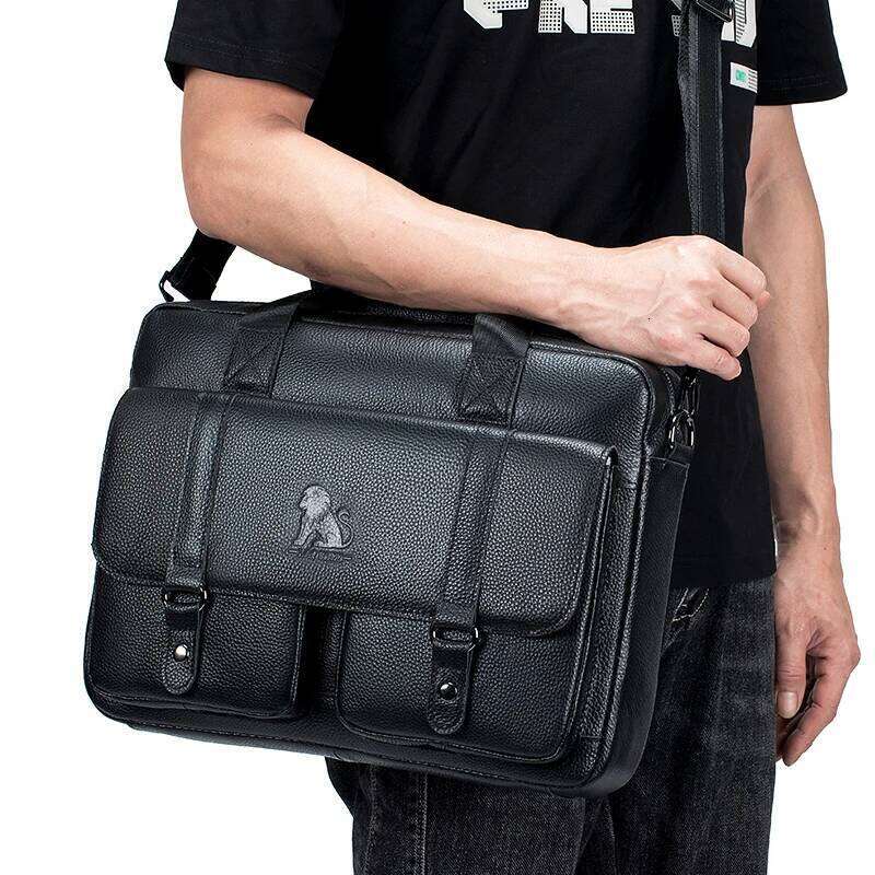 Men's Leather Briefcase, Vintage Cowhide Computer Double Front Large Bag Opening, Rear Lage Compartment Insert Bag,