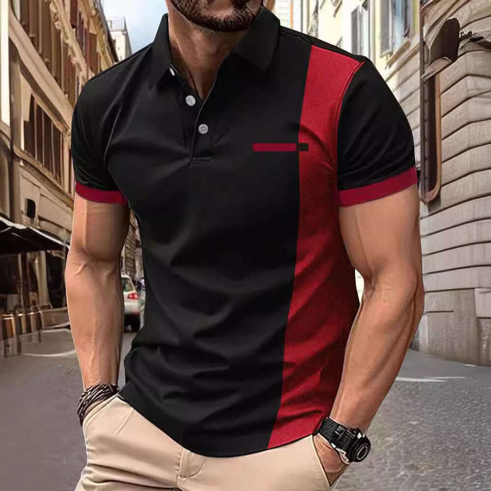 Ins Men's Summer Collar Striped Print Short Sleeve Polo Sports Shirt B5