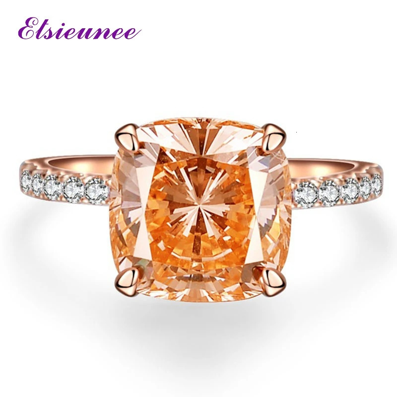 ELSIEUNEE 925 Sterling Silver 4CT Orange High Carbon Diamond Gemstone Rings for Women Rose Gold Plated Party Fine Jewelry 250610