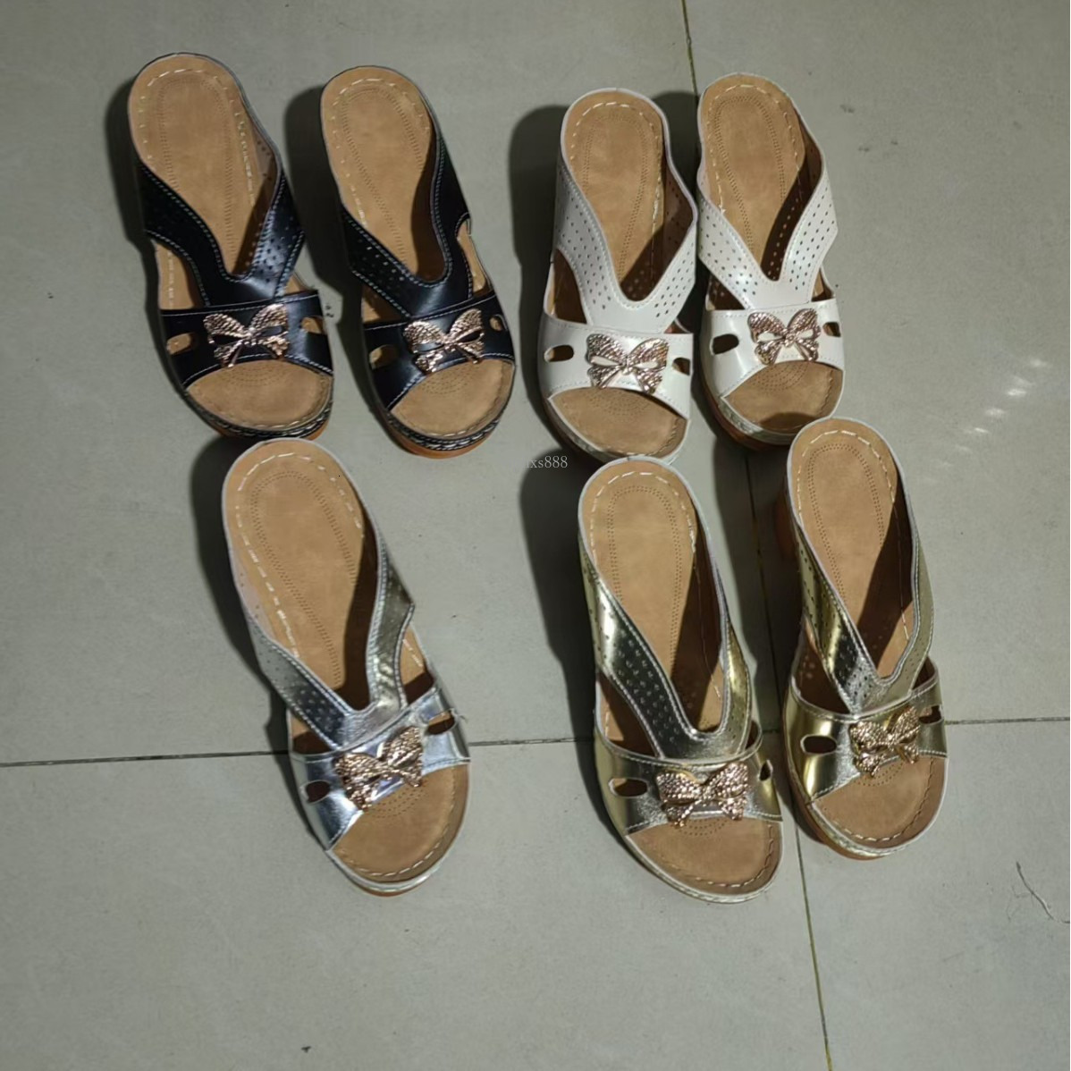 Foreign Trade Plus Size Women's Slippers Summer European Beach And American Outdoor Style Wedge Thick Sole Designer Sandals Hollow Rivet Flower S
