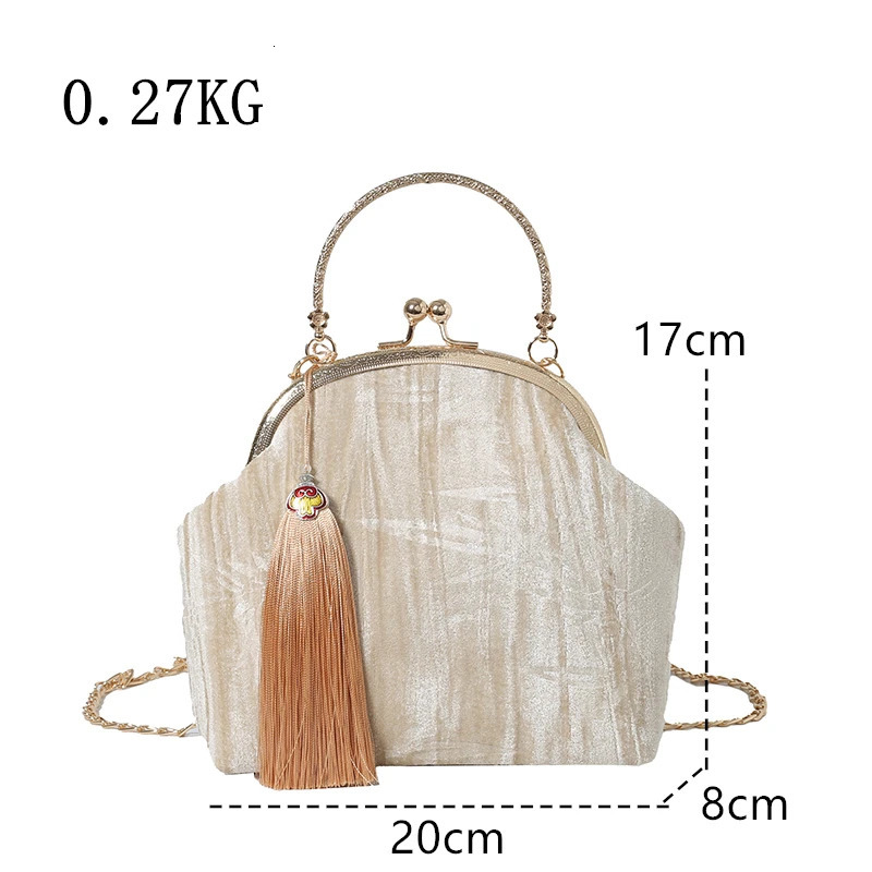 Retro Evening Bag Women Handbags Vintage Chain Tassels Shoulder Bags Lock Shell Clip Crossbody Bag Female Purse 250606