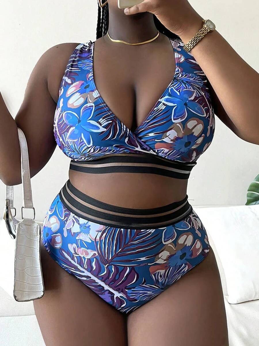 2025 Floral Bikini Large Swimsuit Women Plus Size Swimwear Female High Waist Bathers Bathing Swimming Swim Suit Beachwear
