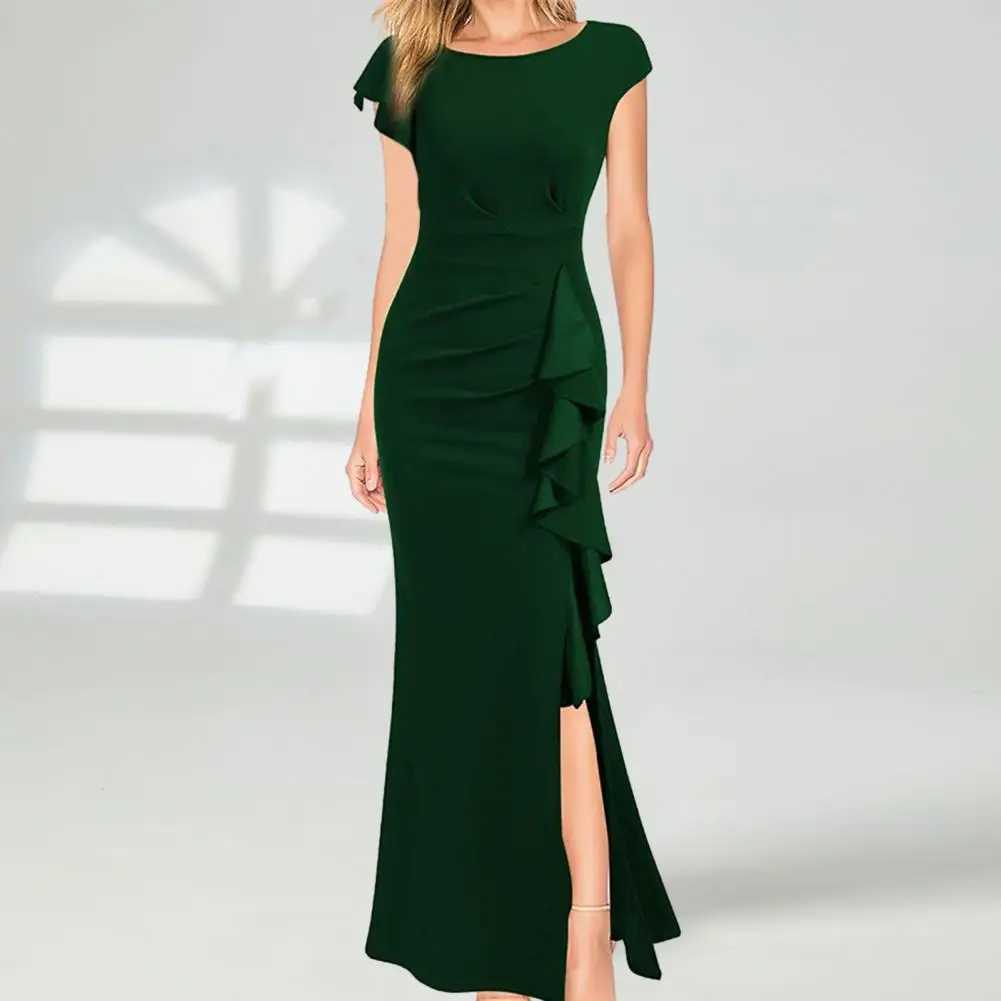 Elegant High Waistline Dress Elegant Summer Evening Party Dress with Side Ruffle Detail Slim Fit Wrap Womens O-neck Gown Dress XJ250610