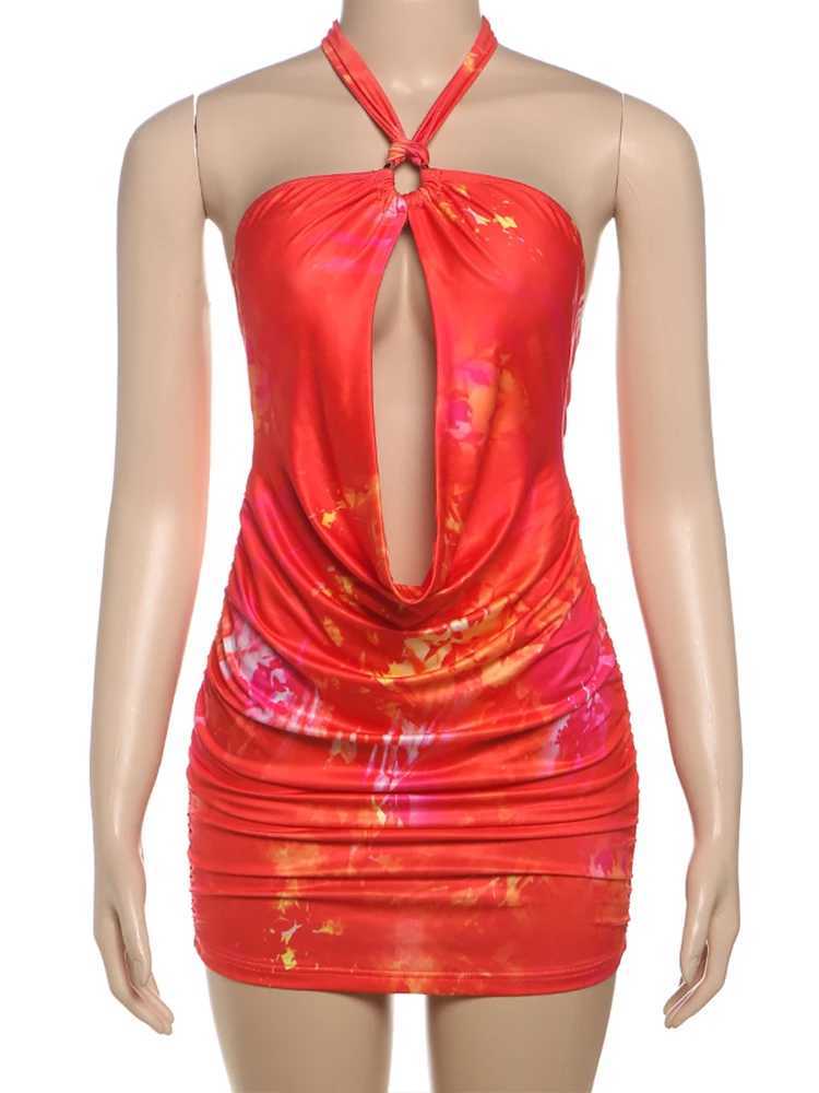 Weird Puss Metal Chain Ring Dress Women Peach Buttocks Pleated Hollow Backless Halter Patchwork Midnight Club Party Mini Bodycon XJ250610