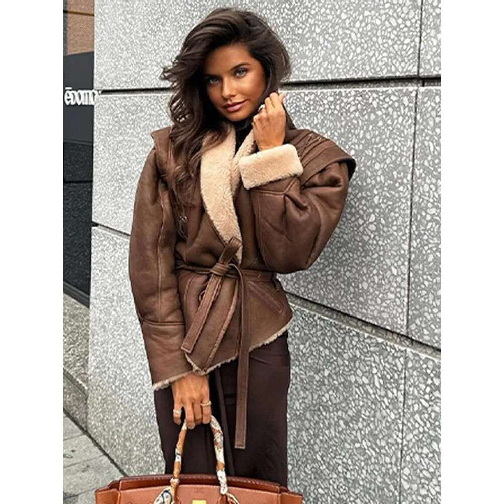Suede Lace-Up Jacket Coat French Retro Brown Women Leather Jackets With Belt Waist Cinching Slim Fit Winter Overcoat