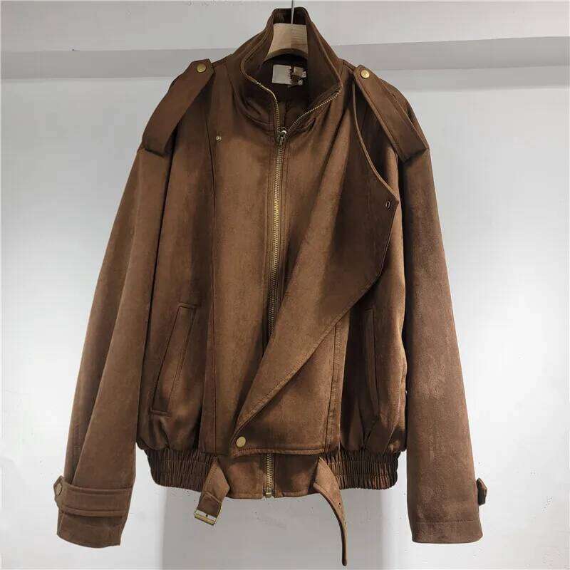 WTHT Fashion Trendy Women's Suede Fabric Long Sleeves Jacket 2025 Spring New Stand Collar Zipper Coat Female 1LS1076