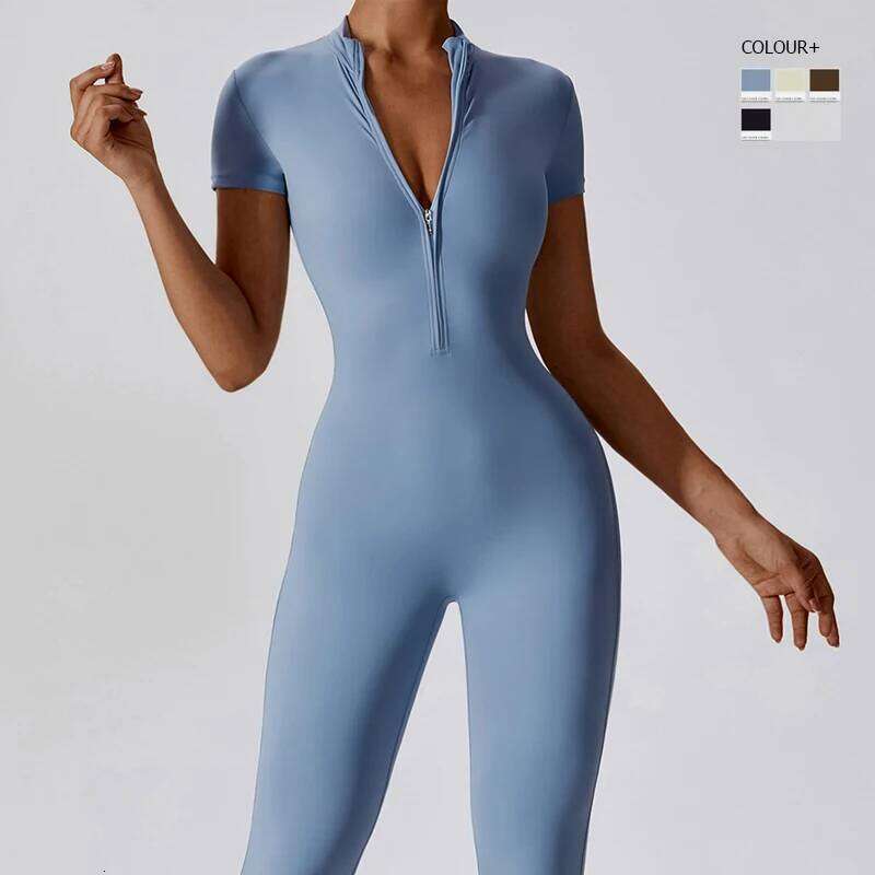 One Piece Fiess Yoga Set Women Buttery Soft Short Sleeve Gym Jumpsuit Super Stretch Zipper Workout Running Sportswear