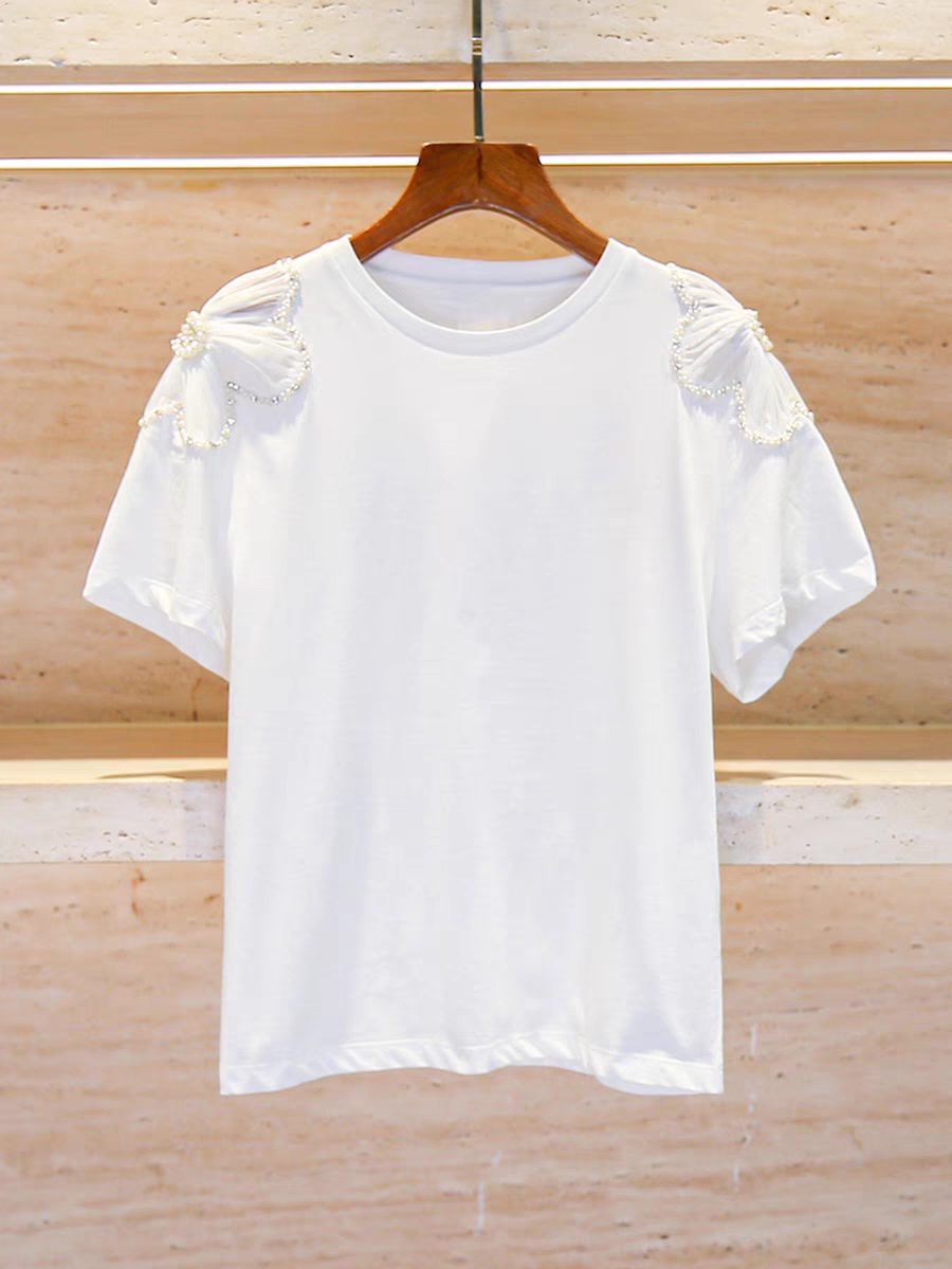 Women's Round Neck White Tshirt Shoulder Beading Diamond Flower Decoration T-Shirt Simple Lady Short Sleeve Tee Top