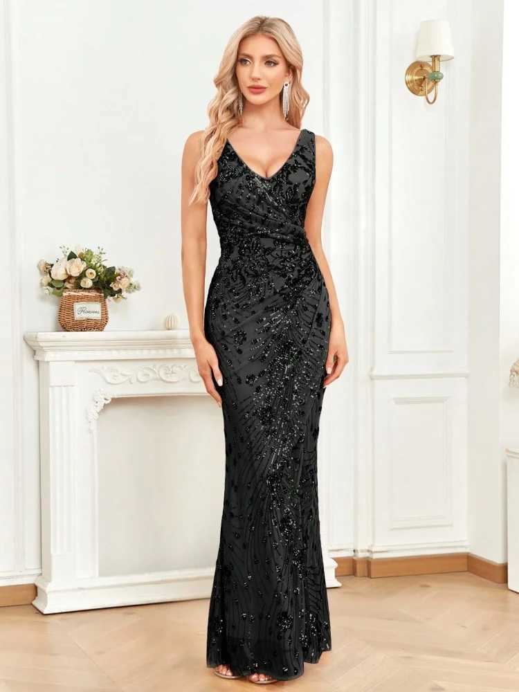 Elegant Slit Evening Dress 2024 Women Long Mermaid Formal Sequins Sexy V-neck Cocktail Wedding Party Prom Dresses XJ250610