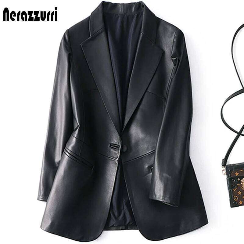 Nerazzurri Spring Autumn Black Blazer Women Single Button Slim Fit Designer Womens Leather Jackets And Coats 5Xl 6Xl 7Xl