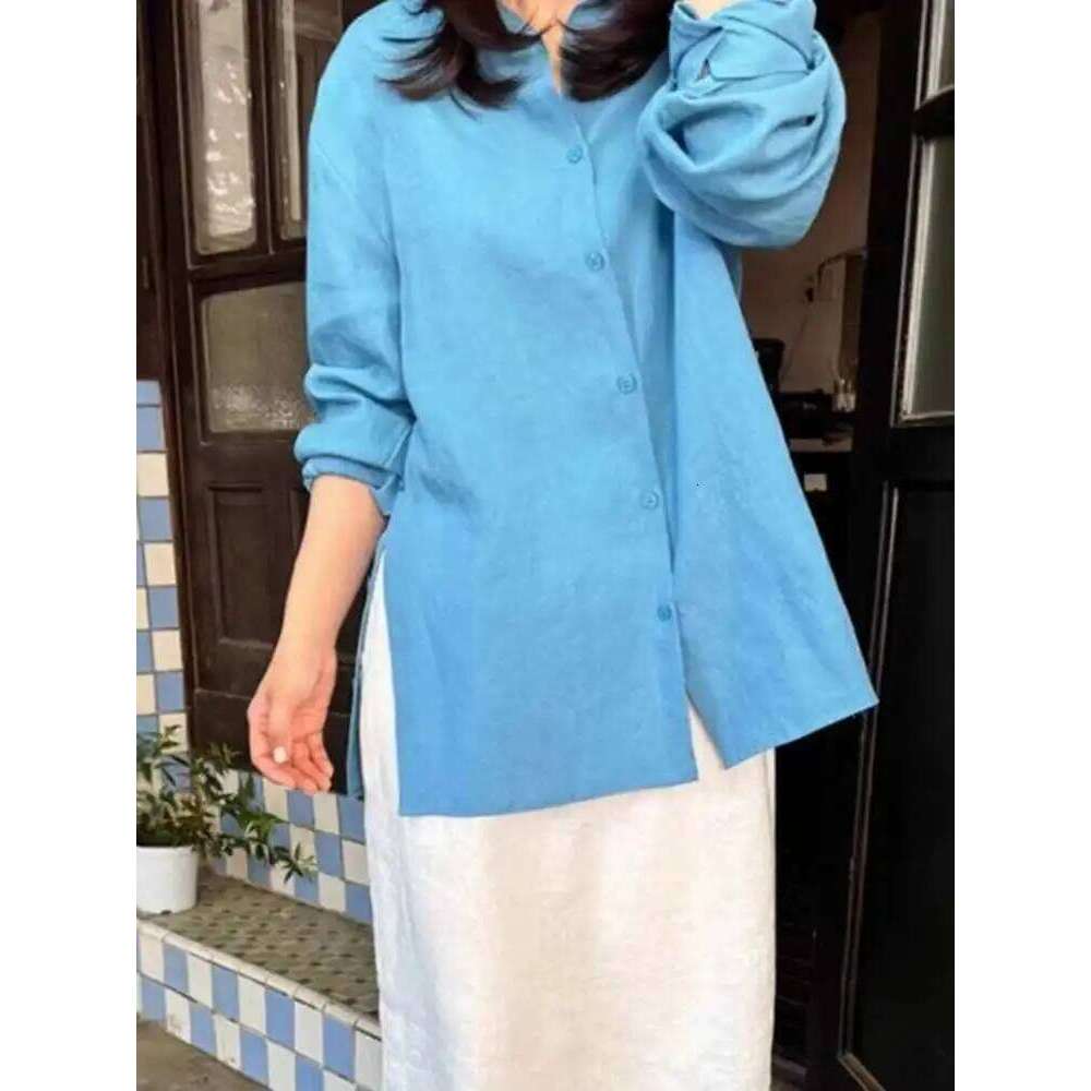 FANAN Linen Sunscreen Shirts For Women Solid Lapel Single Breasted Split Design Blouses Female Tops Fashion 2025 Summer New