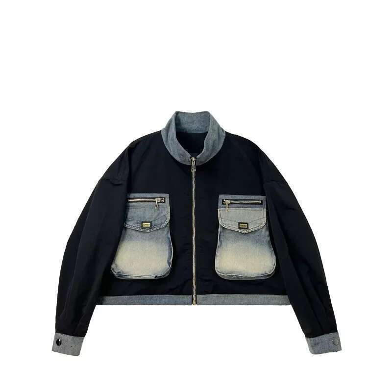 Women's Fashion Pocket Contrast Color Standing Collar Jacket Clip Cotton Thickening European Long Sleeve Denim Splicing Coat