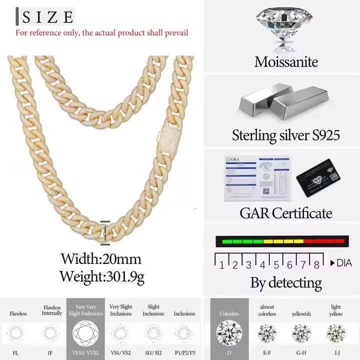 OACOCA S925 Sterling Silver Iced Tennis Link Chain VVS D Color Moissanite Diamond Cuban Chain Necklace Bracelet for Men Hip Hop Style