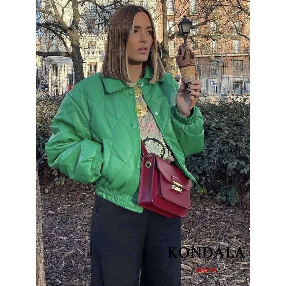 KONDALA Vintage Green Leather Loose Jackets Women Long Sleeve Single Buttons Turn Down Collar Coats Fashion 2022 Outwears