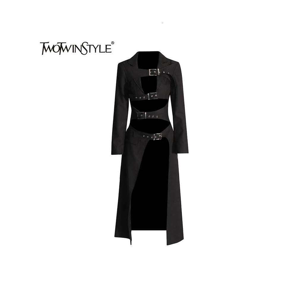 TWOTWINSTYLE Solid Hollow Out Coat For Women Lapel Long Sleeve Spliced Belt Chic Sexy Asymmetrical Jackets Female New