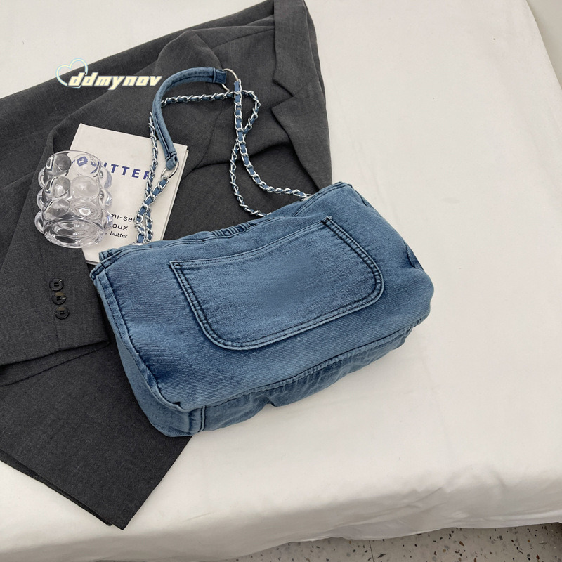 Denim Fabric for Women 2024 New Chain Shoulder Simple Fashion Commuter Large Capacity Tote Bag ddmynov