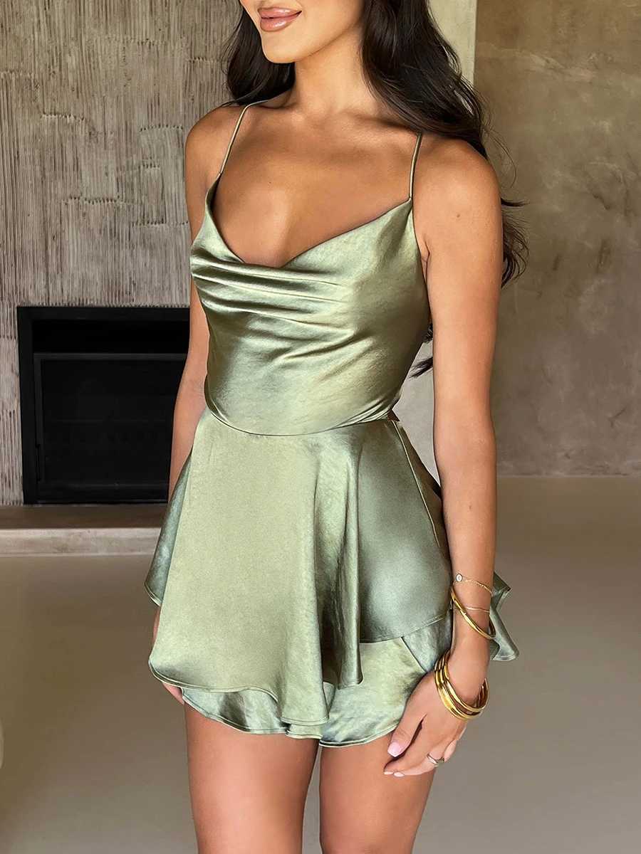 Satin Silk Women Sexy Cami Playsuits Dress Solid Cowl Neck Sleeveless Short Jumpsuits Summer Cross Tie-Up Backless Romper XJ250610
