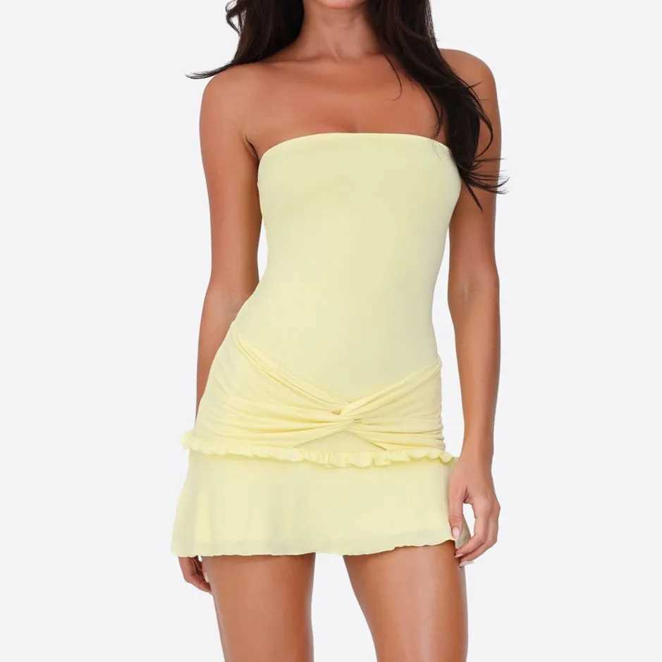 hirigin Women Y2K Frills Knotted Strapless Mini Dress Coquette Sleeveless Backless Off Shoulder Tube Bodycon Short Dress Party XJ250610