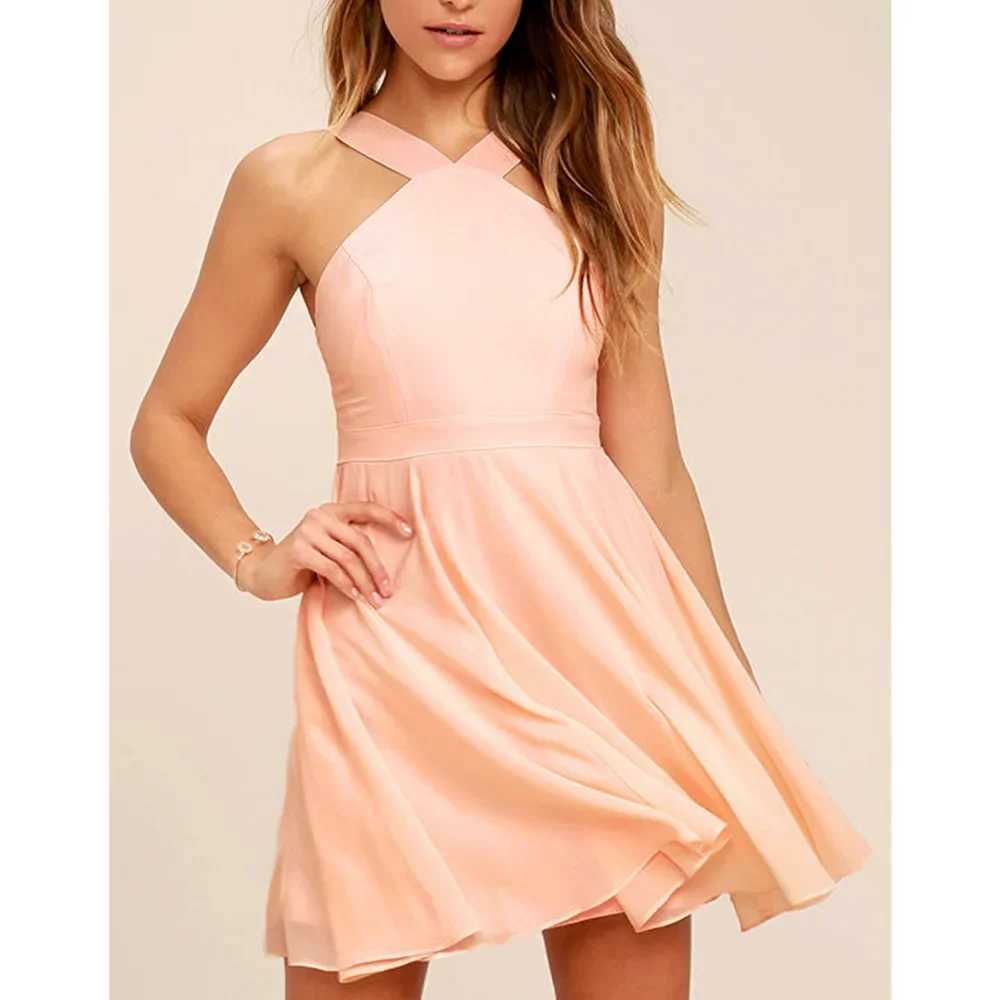 Women Sleeveless Backless Sexy Club Mini Dress 2024 Summer Party Strappy Back Zipper Solid Shift Halter Short Dresses XJ250610