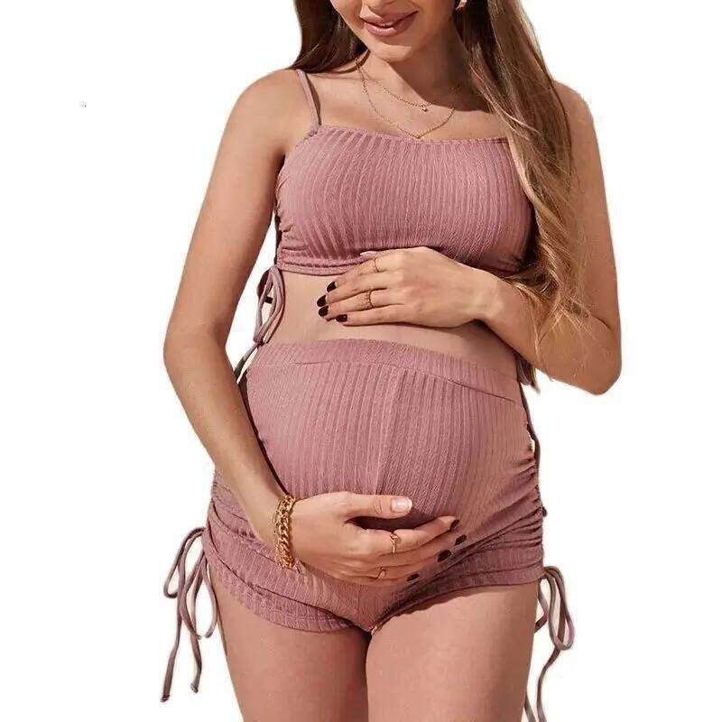 Maternity Bikini Wear For Pregnant Women Hollow Swimsuits Pregnancy One Piece Side Drawstring Bathing Suit Premama Swimwears